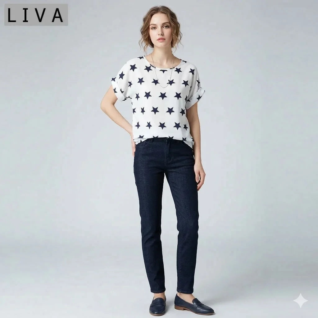 LIVA Star Print Chiffon Shirt Women Short Sleeve Blouse