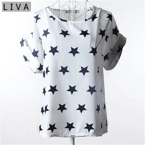 LIVA Star Print Chiffon Shirt Women Short Sleeve Blouse