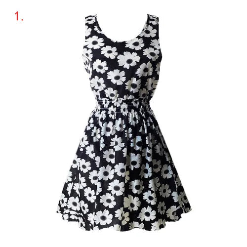 Sleeveless Black White Daisy Print Chiffon Mini Dress