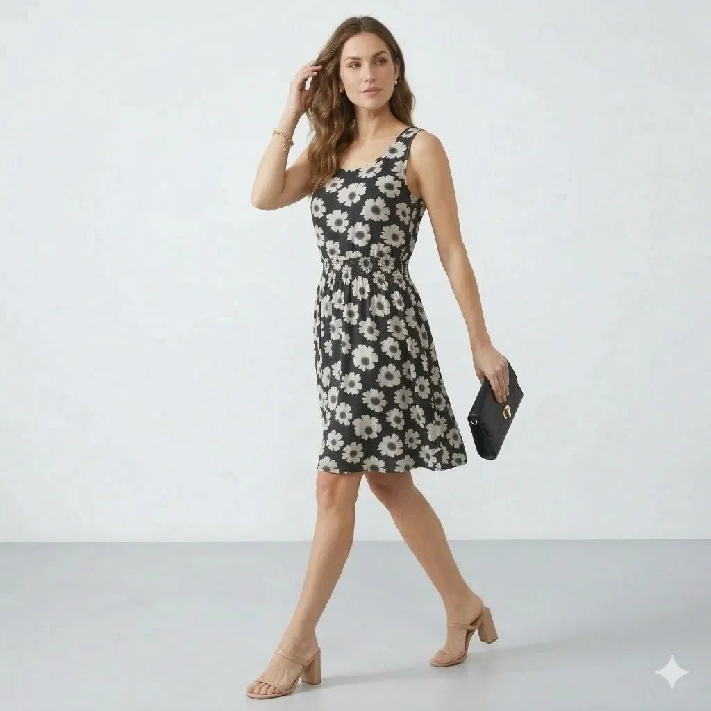 Sleeveless Black White Daisy Print Chiffon Mini Dress