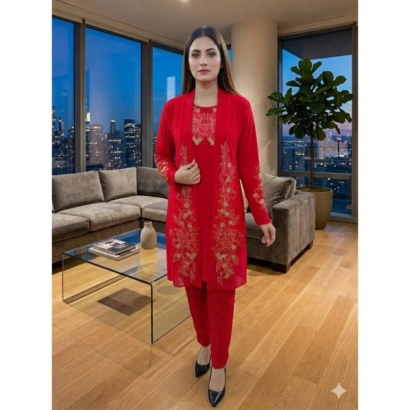 Embroidered Shrug Top Set Gold Tilla Chiffon Party Wear