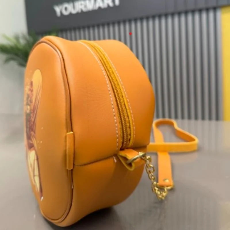 Stylish Round Retro Crossbody Bag – Caramel Print