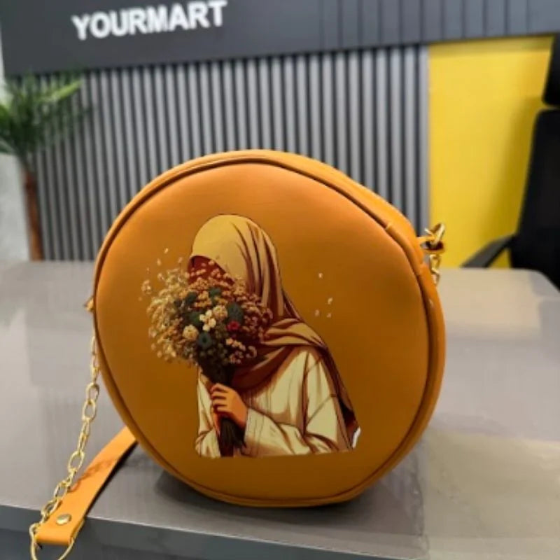Stylish Round Retro Crossbody Bag – Caramel Print