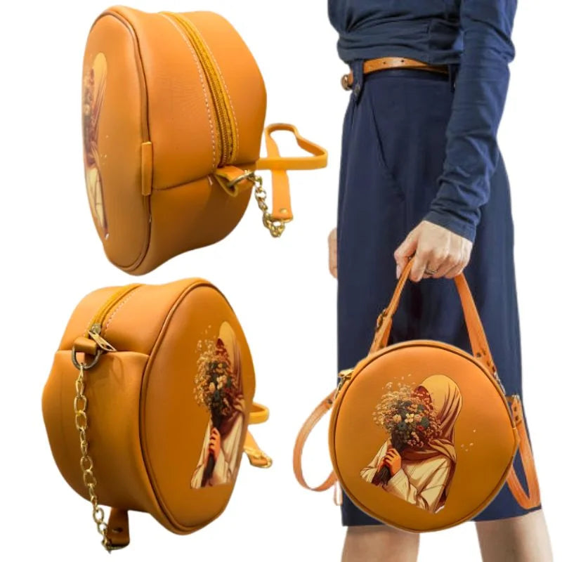 Stylish Round Retro Crossbody Bag – Caramel Print