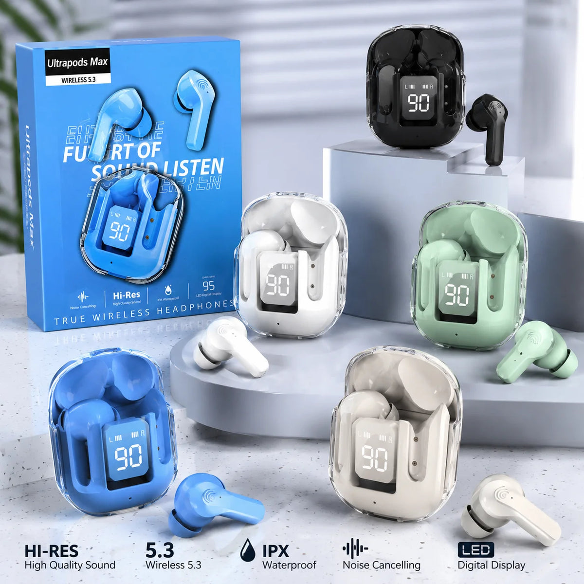 Air31 Wireless Earbuds | Crystal Transparent Design | Bluetooth 5.3 | LED Display & Heavy Bass