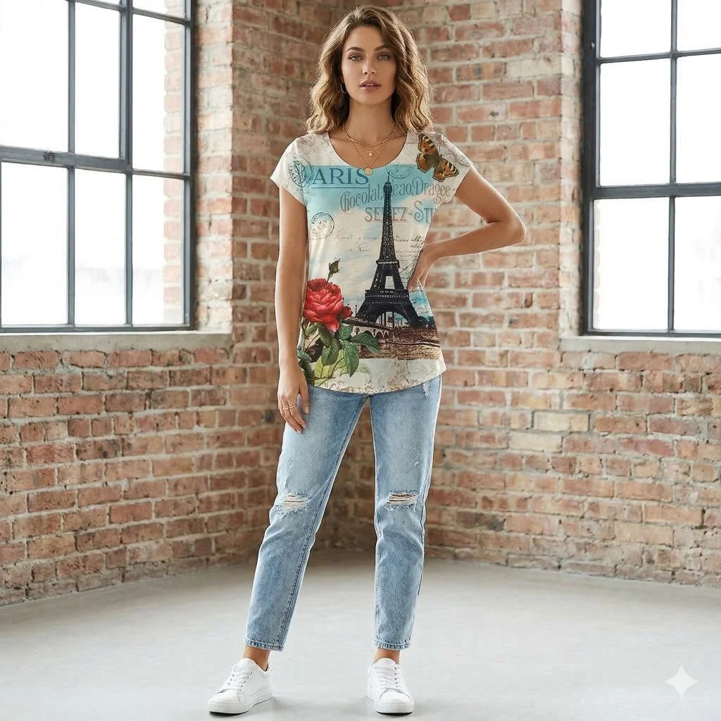 Vintage Paris Eiffel Tower Rose T-Shirt Aesthetic Graphic Tee