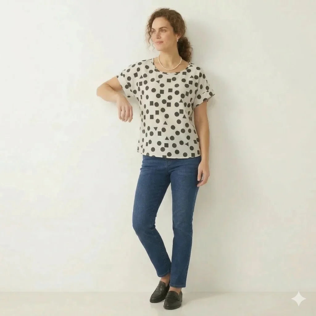 Vintage Print Chiffon Blouse Short Sleeve Elegant Women Top