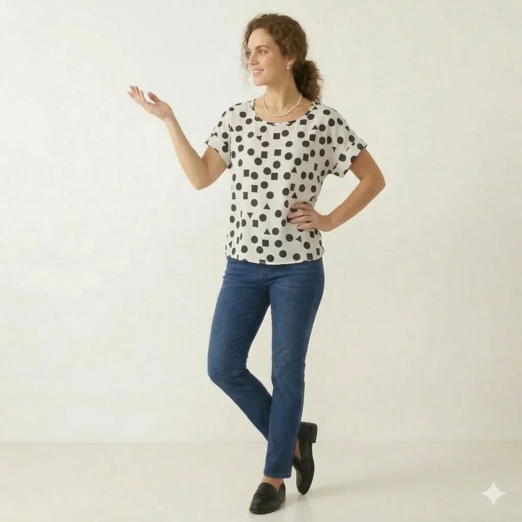 Vintage Print Chiffon Blouse Short Sleeve Elegant Women Top