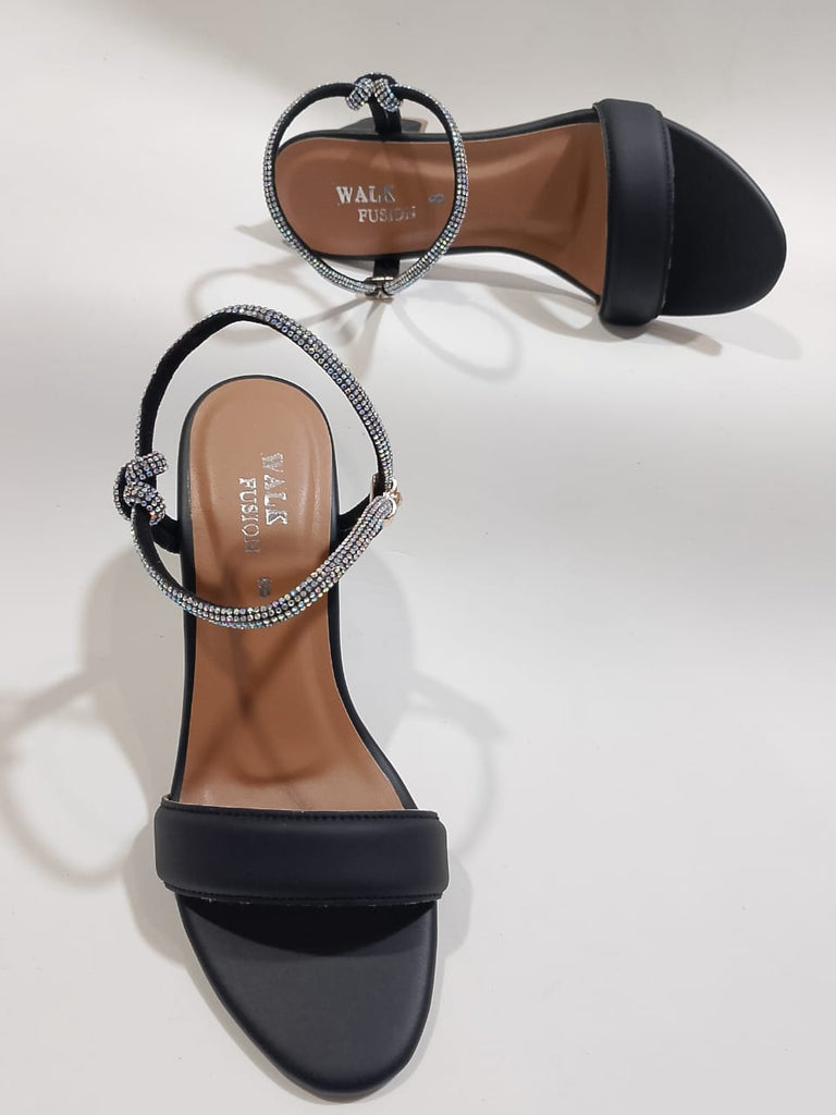 Black Block Heel Sandals Women 10 | Rhinestone Party & Casual Shoes