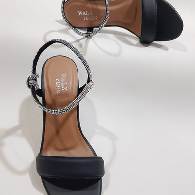 Black Block Heel Sandals Women 10 | Rhinestone Party & Casual Shoes