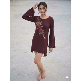 Women Floral Embroidered Ribbed Top Bell Sleeve Tunic
