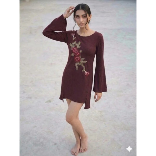 Women Floral Embroidered Ribbed Top Bell Sleeve Tunic