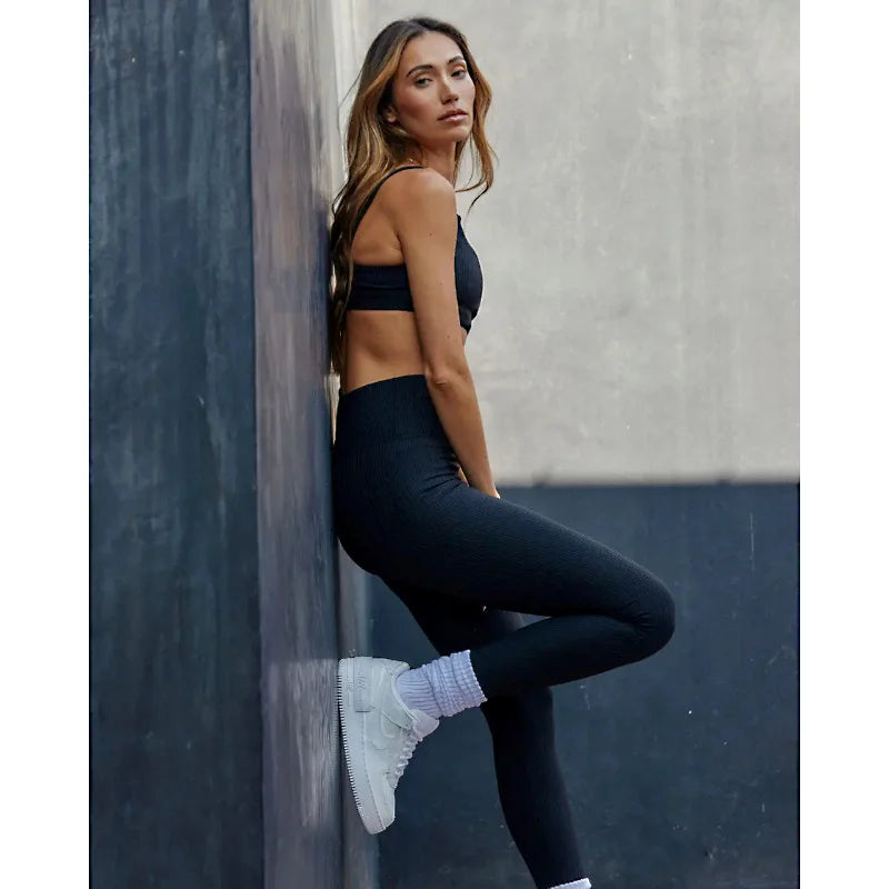 Women High Waist Ribbed Activewear Leggings Comfort Fit