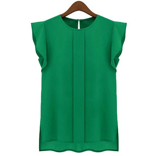 Women Sleeveless Chiffon Blouse Loose Flutter Sleeve Top