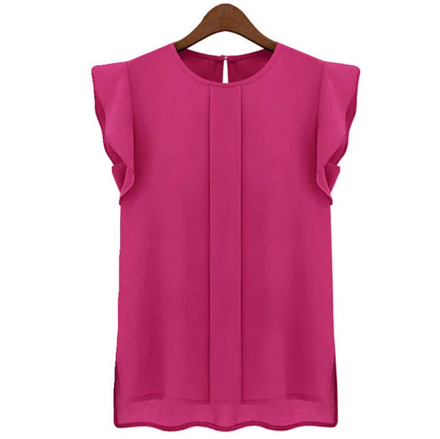 Women Sleeveless Chiffon Blouse Loose Flutter Sleeve Top