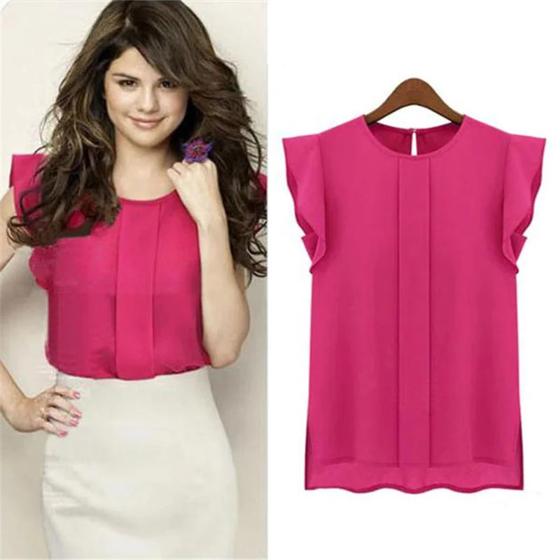 Women Sleeveless Chiffon Blouse Loose Flutter Sleeve Top