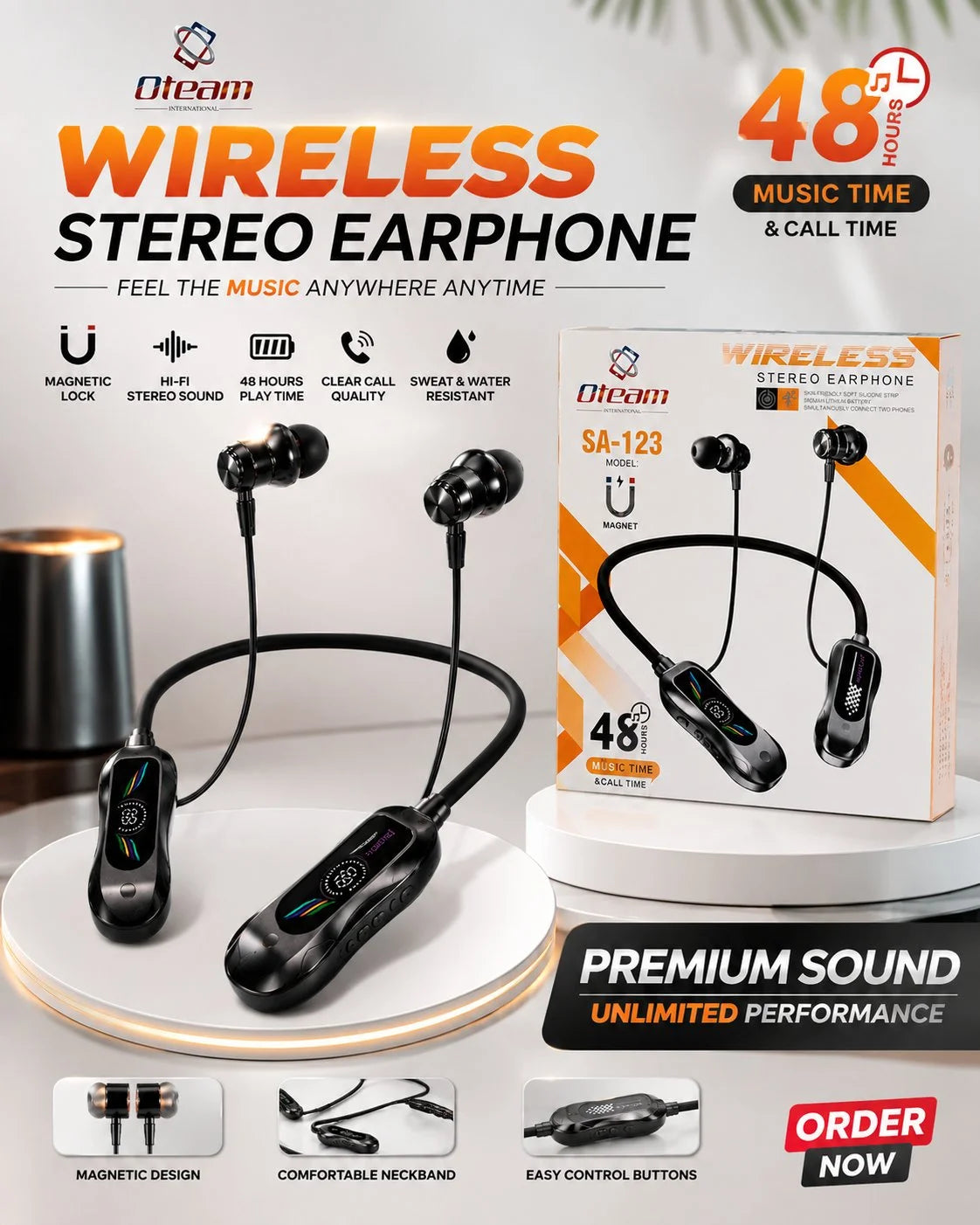 Oteam SA-123 Wireless Stereo Neckband Earphones | Bluetooth Magnetic Earbuds | 48 Hours Battery Backup