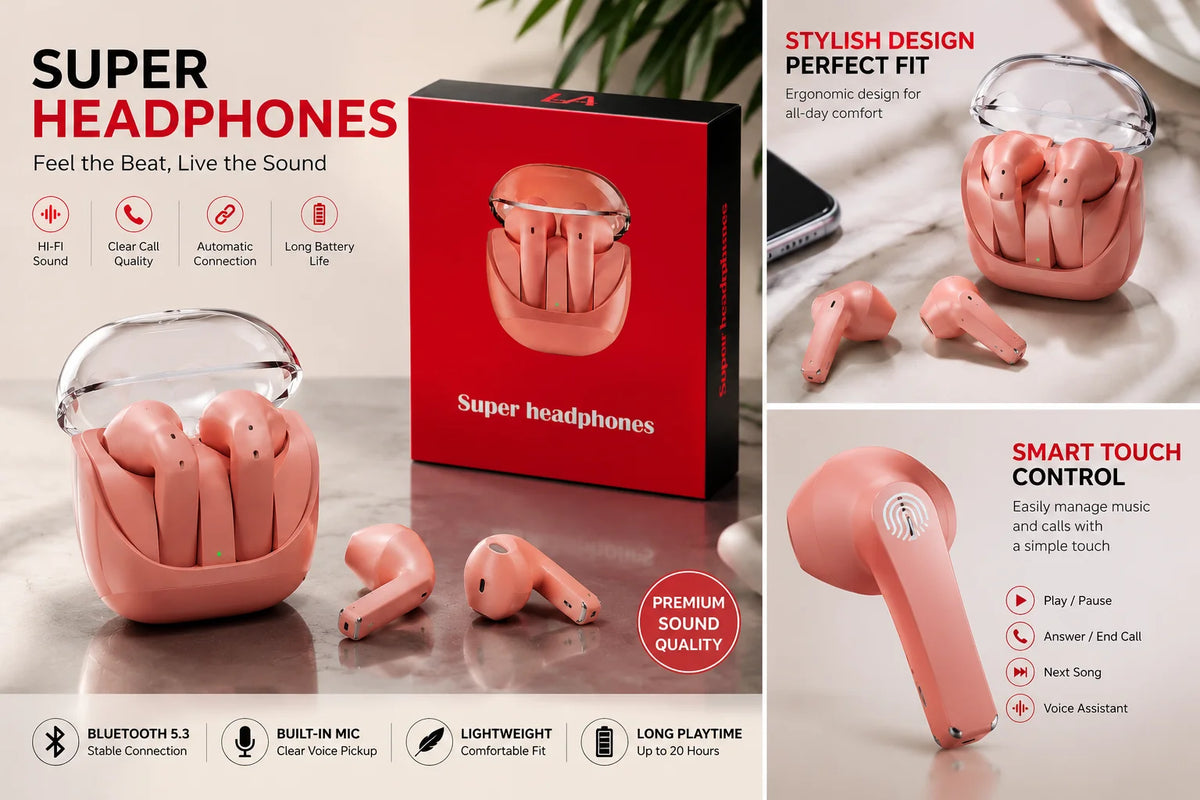 LA Super Headphones Wireless Bluetooth Earbuds with Charging Case | Hi-Fi Sound | Touch Control | Long Battery Life