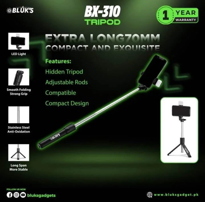 Selfie Stick with Tripod Stand | Bluetooth Remote | Adjustable & Foldable Design