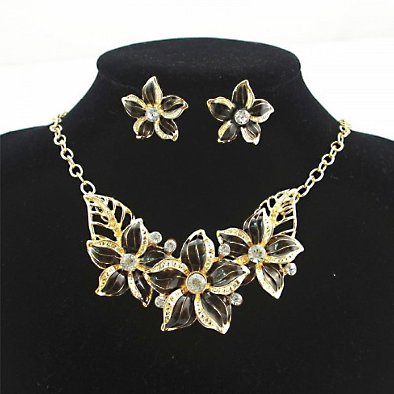 Luxury Black Enamel Floral Jewelry Set | Gold Necklace & Earrings