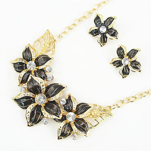 Luxury Black Enamel Floral Jewelry Set | Gold Necklace & Earrings