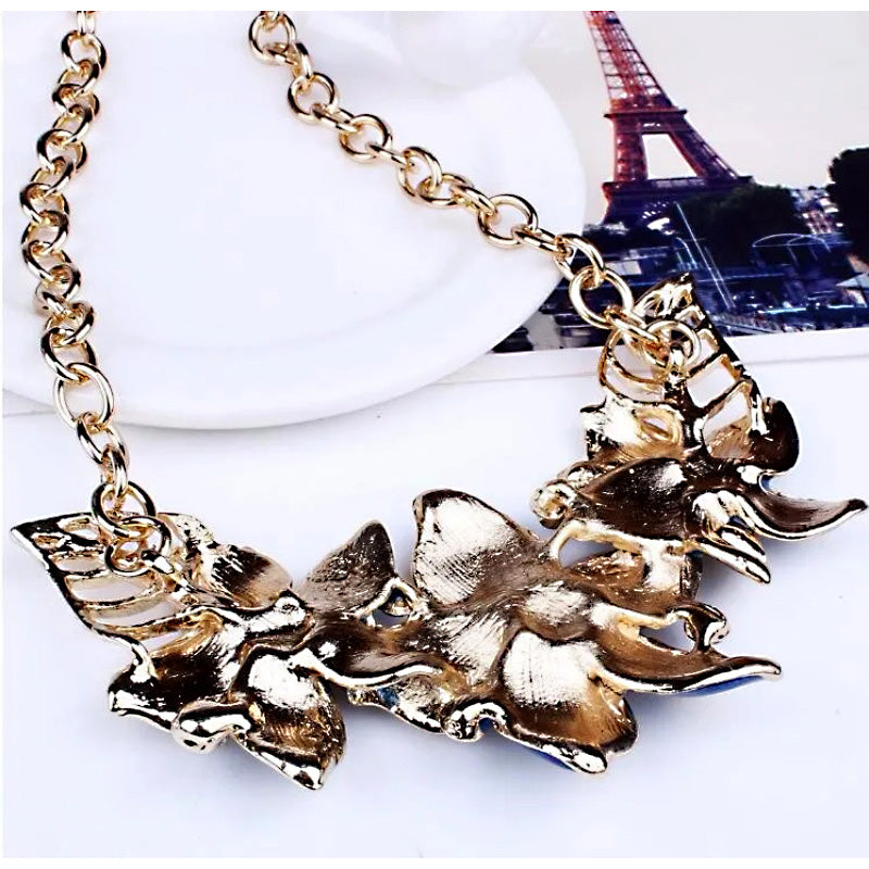 Luxury Black Enamel Floral Jewelry Set | Gold Necklace & Earrings