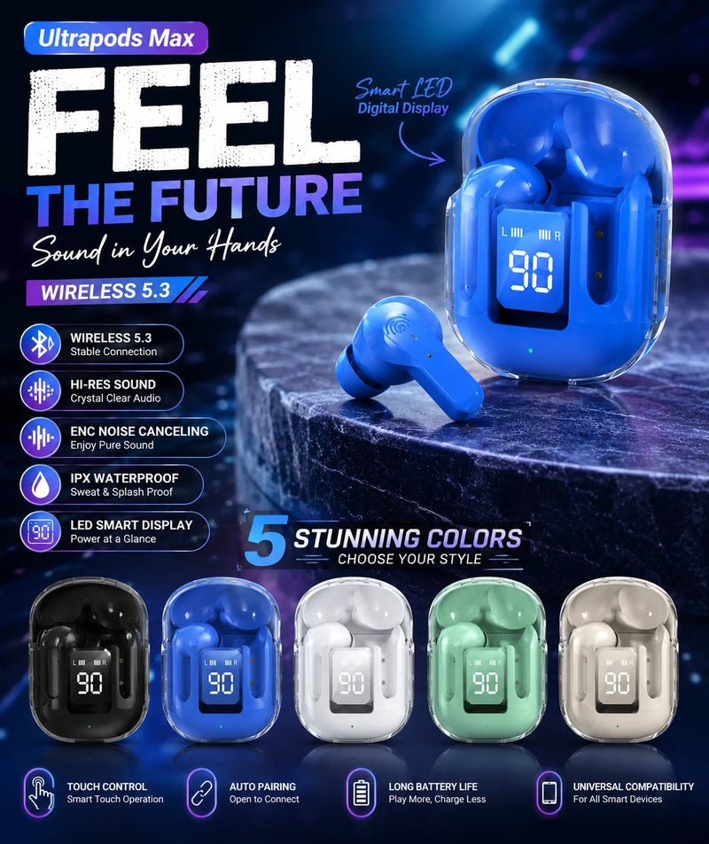Air31 Wireless Earbuds | Crystal Transparent Design | Bluetooth 5.3 | LED Display & Heavy Bass