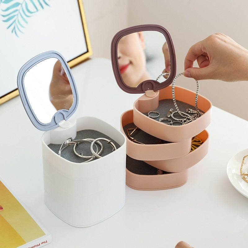 Portable Jewelry Organizer with Mirror | Rotating Storage Box