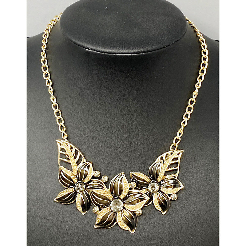 Luxury Black Enamel Floral Jewelry Set | Gold Necklace & Earrings