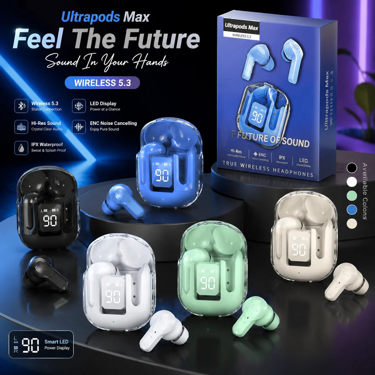 Air31 Wireless Earbuds | Crystal Transparent Design | Bluetooth 5.3 | LED Display & Heavy Bass